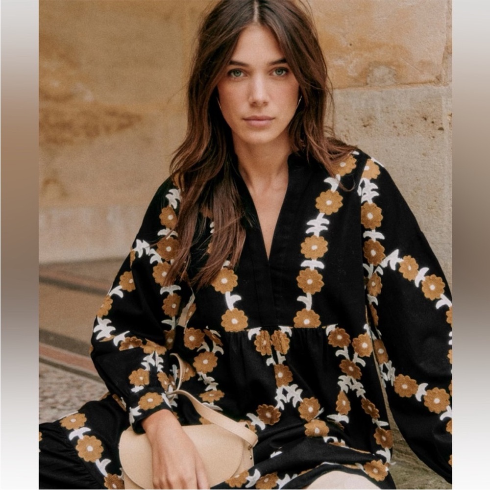 Sezane Black and Brown Floral Long Sleeve Dress